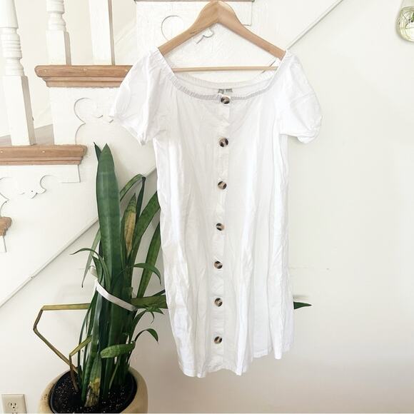ASOS Womens Off The Shoulder Cotton Dress White Short Sleeves Button Down Size 8 - Picture 1 of 5